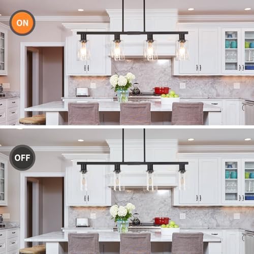 4-Light Kitchen Island Lighting, Black Simplicity Bar Island Lights for Kitchen, Farmhouse Chandelier with Adjustable Height & Clear Glass Shades, Linear Hanging Dining Room Light Fixture Over Table