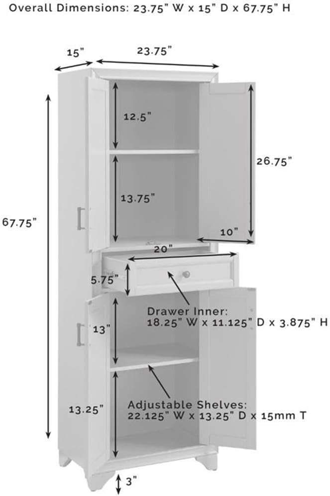 MAKLAINE Traditional Wood 4 Door Pantry, 67.75" H x 23.75" W x 15" D, MDF and Rubberwood, Distressed Gray/Black Finish, Adjustable Shelves, Full-Extension Drawer, Modern Farmhouse Kitchen Storage