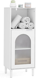 Tangkula Bathroom Floor Cabinet, Wood Side Storage Organizer with Adjustable Shelf, Tempered Glass Door, Anti-Tipping Kit & Solid Wood Legs, Narrow Cabinet for Living Room (White, 14” x 12” x 35.5”)