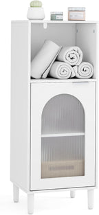 Tangkula Bathroom Floor Cabinet, Wood Side Storage Organizer with Adjustable Shelf, Tempered Glass Door, Anti-Tipping Kit & Solid Wood Legs, Narrow Cabinet for Living Room (White, 14” x 12” x 35.5”)