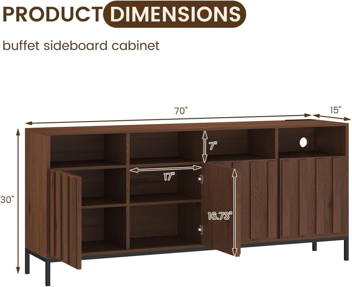 COCO DESIGN 70" Large Buffet Sideboard Cabinet with Power Outlets & Adjustable Shelves, Modern Farmhouse Accent Storage Credenza Console for Kitchen, Living Room, Walnut