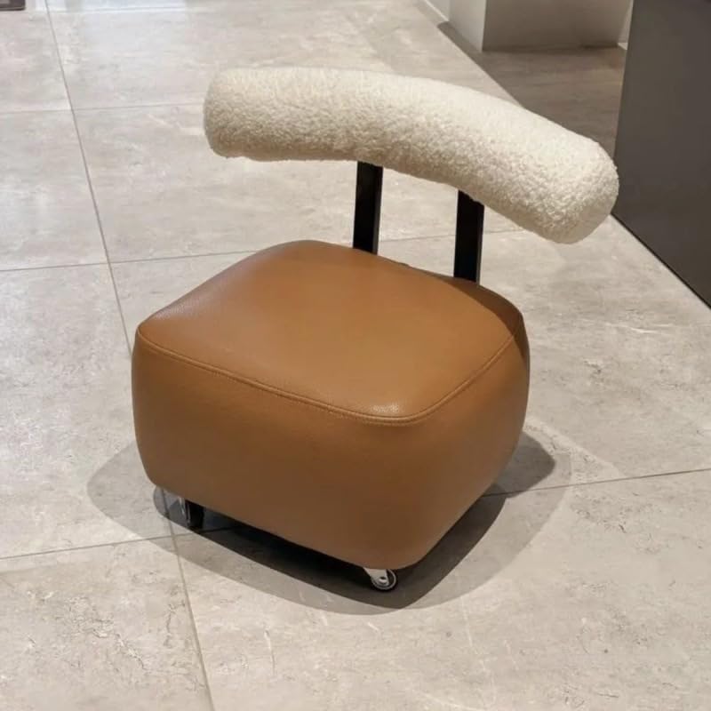 PU Leather Shoe Changing Stool with 360° Swivel, Teddy Fleece Backrest, Rolling Wheels, Modern Contemporary Style, 18.5 Inches Height (Orange)