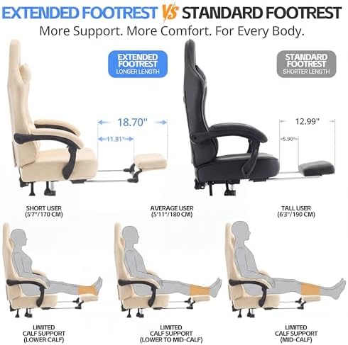 Desk Computer Gaming Chair - Ergonomic Game Office Chair with Extended Footrest and Massage Lumbar Support, Home Gamer Video Game Chairs with Spring Cushion for Adults (Pro Beige Leather)