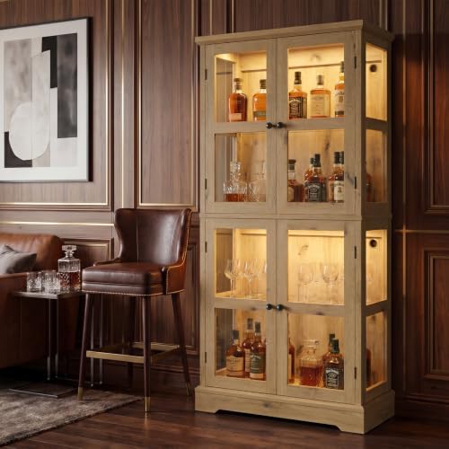 68" Tall Glass Display Cabinet with RGB LED Lights, Yellow Oak | 4-Tier Curio Cabinet with Glass Doors, Adjustable Glass Shelves, Display Case Bookcase for Collectibles and Figures