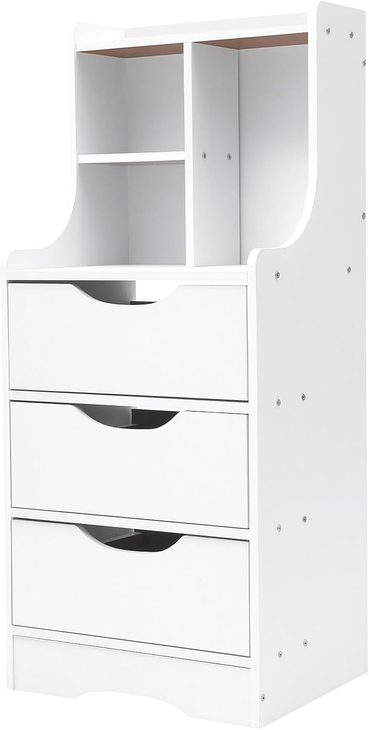Nightstand White Bedside Table with 3 Drawers & 3 Open Bookshelf End Table Modern End Side Table Storage Cabinet for Living Room, Bedroom, Study Room, 14.56L*11.81W*33.46H inch