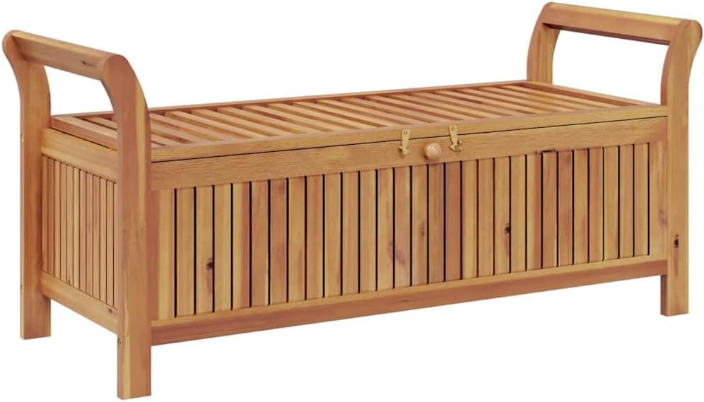 Acacia Wood Outdoor Storage Bench with Cushion, 49.6" Patio Storage Bench with Curved Arms, Garden Seat for Pillows and Blankets