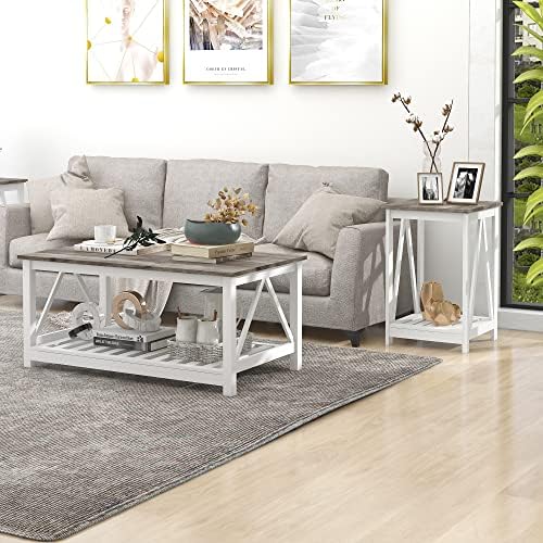 Farmhouse Coffee Table and End Table Set, Oak Grey Wooden Living Room Furniture with Slats Base, Oak Grey