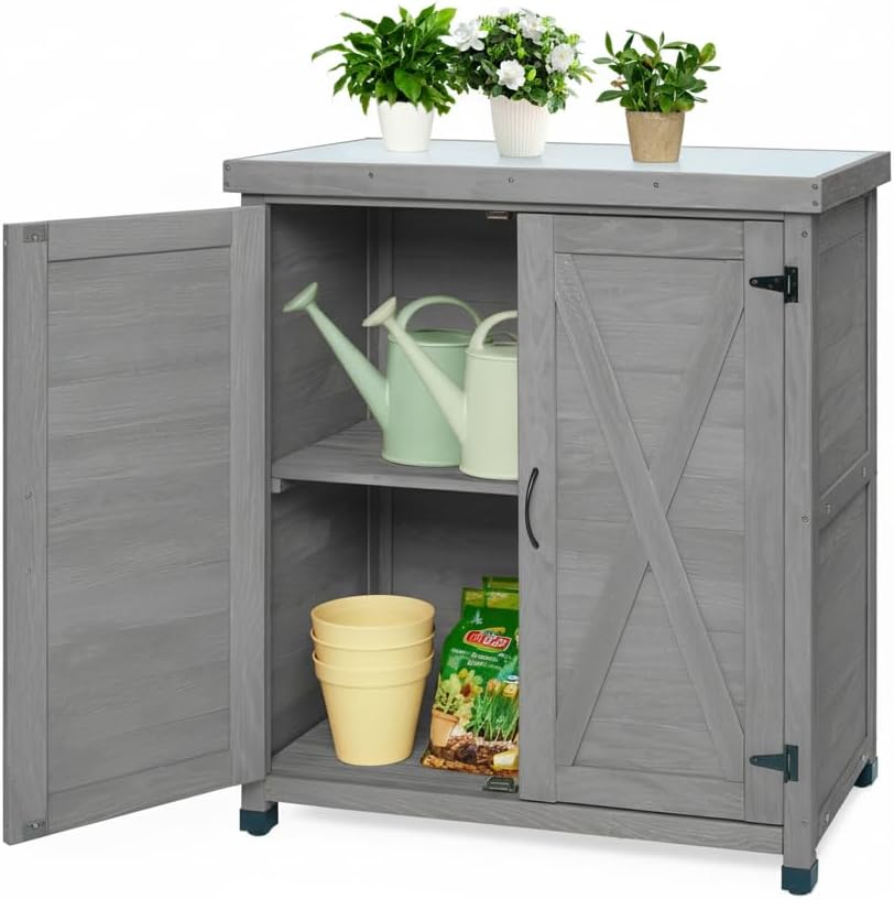 31" Weatherproof Small Storage Cabinet, Storage Cabinets with Premium Hemlock Wood, Tool Cabinet with Magnetic Door for Patio & Garage, Gray
