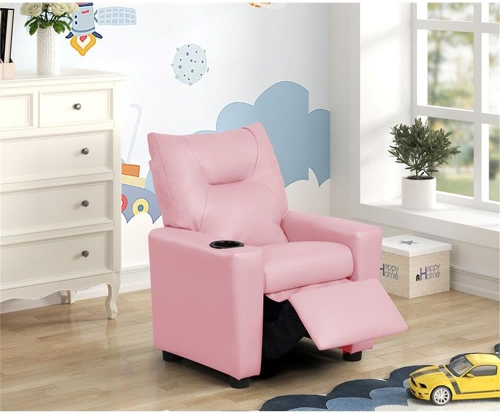 Lilola Home Perline 23" W Pink PU Leather Kids Recliner Chair – Faux Leather Toddler Armchair with Cup Holder and Soft Padded Back for Bedroom or Playroom
