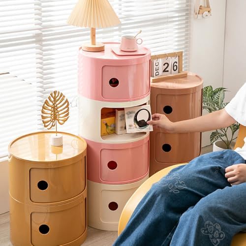 Round Nightstand with Drawers, Round Bedside Table 2/3/4 Tier Plastic Nightstand Storage, RoundStorage Cabinet with Sliding Door, Modern End Table Side Table for Bedroom (Red, 4 Tier)