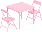 JOYMOR Kids Folding Table and Chairs Set, 3-Piece Metal Frame Activity Set with Easy-Fold Design for Playroom & Classroom (Pink)