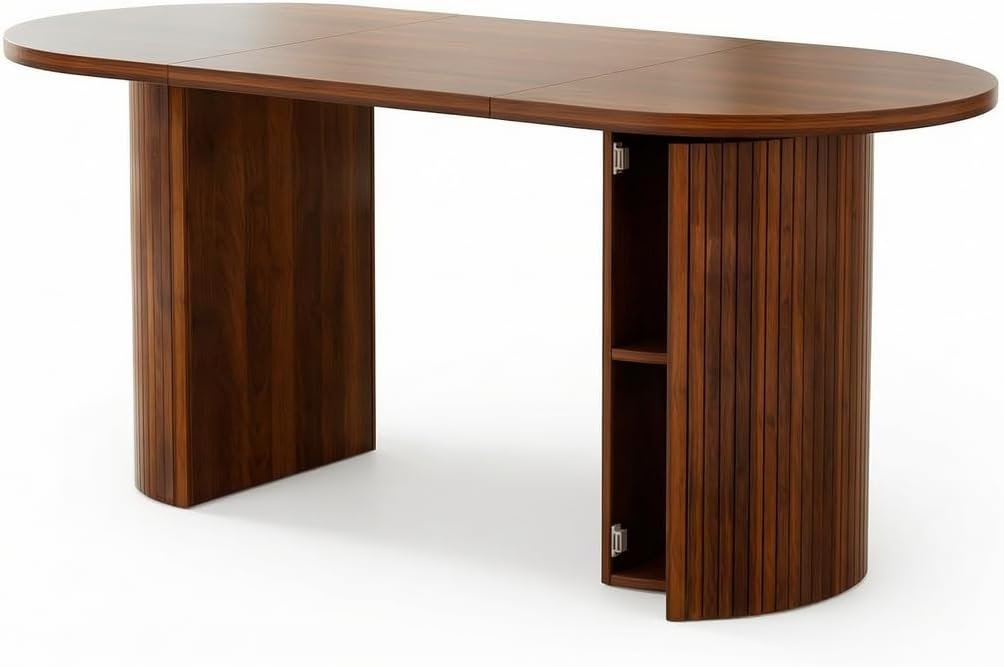 70.8" Oval Dining Table for 4-6 People, Mid-Century Modern Kitchen Table with Hidden Storage, Oval Dining Table with Fluted Tambour Doors for Dining Room, Living Room, Home Office, Walnut