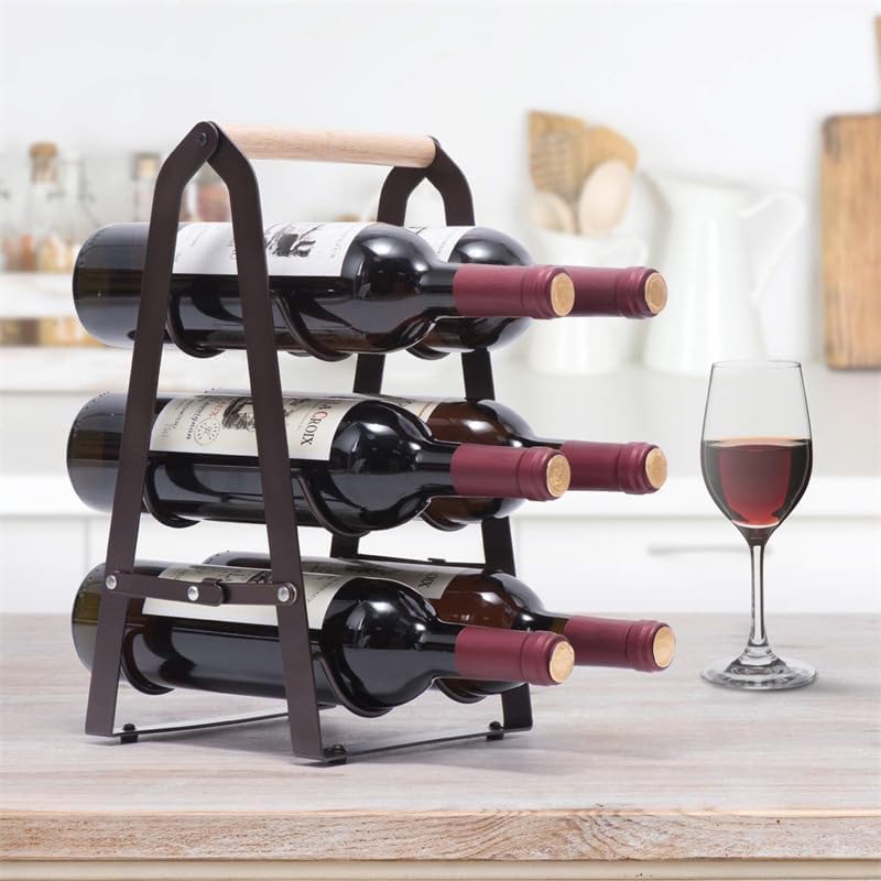 Wine Rack, 6 Bottle Wooden Countertop Free Standing Shelf,3 Tier Bottle Holder Stand for Home Bar Tabletop, Cabinet Inserts, Kitchen, Wine Cellar Storage No Assembly(Black)
