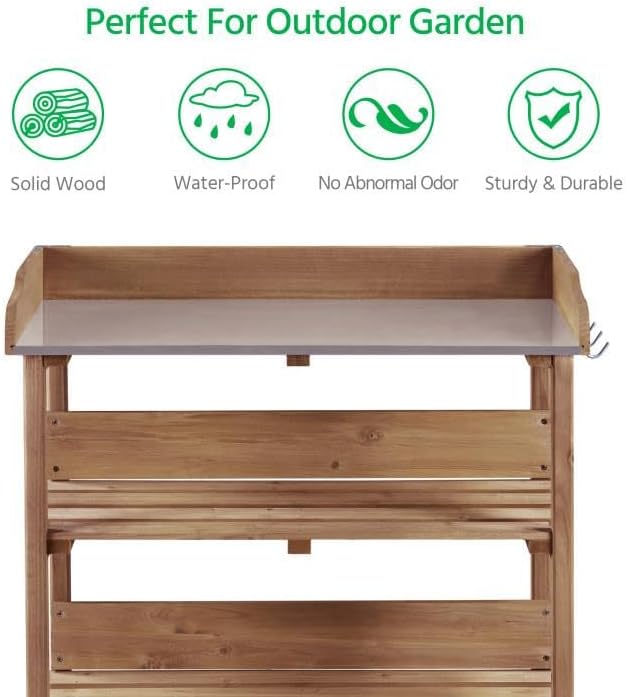 Topeakmart Potting Bench Table w/Metal Tabletop for Garden, Fir Wood Workstation w/3 Tier Shelves, Outdoor Work Bench w/Hook Brown