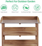Topeakmart Potting Bench Table w/Metal Tabletop for Garden, Fir Wood Workstation w/3 Tier Shelves, Outdoor Work Bench w/Hook Brown