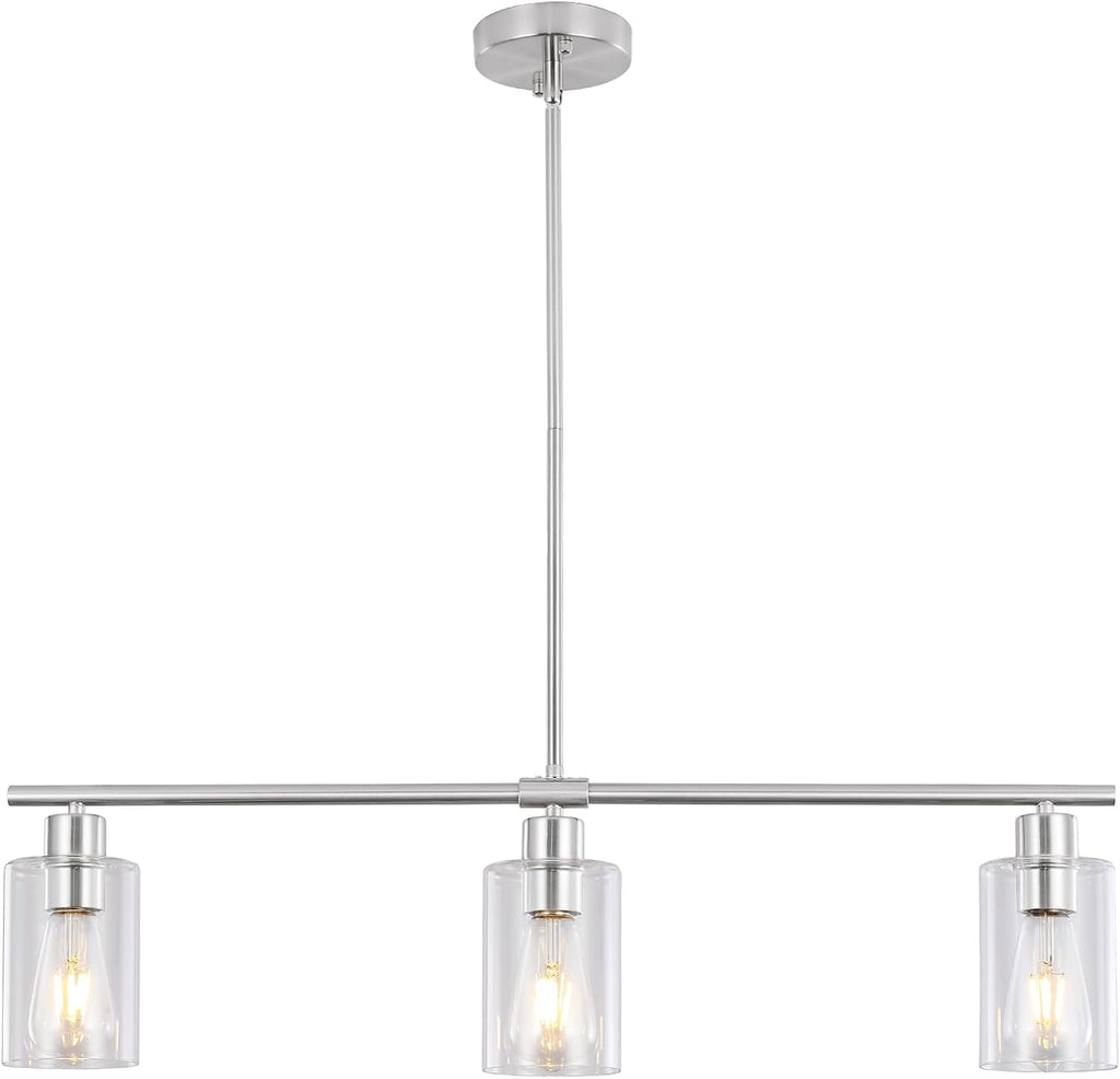 3 Lights Kitchen Island Lighting Brushed Nickel Pendant Light Fixtures with Glass Shade 31" Dining Room Chandeliers Adjustable Height Modern Linear Ceiling Hanging Light for Living Room, Foyer
