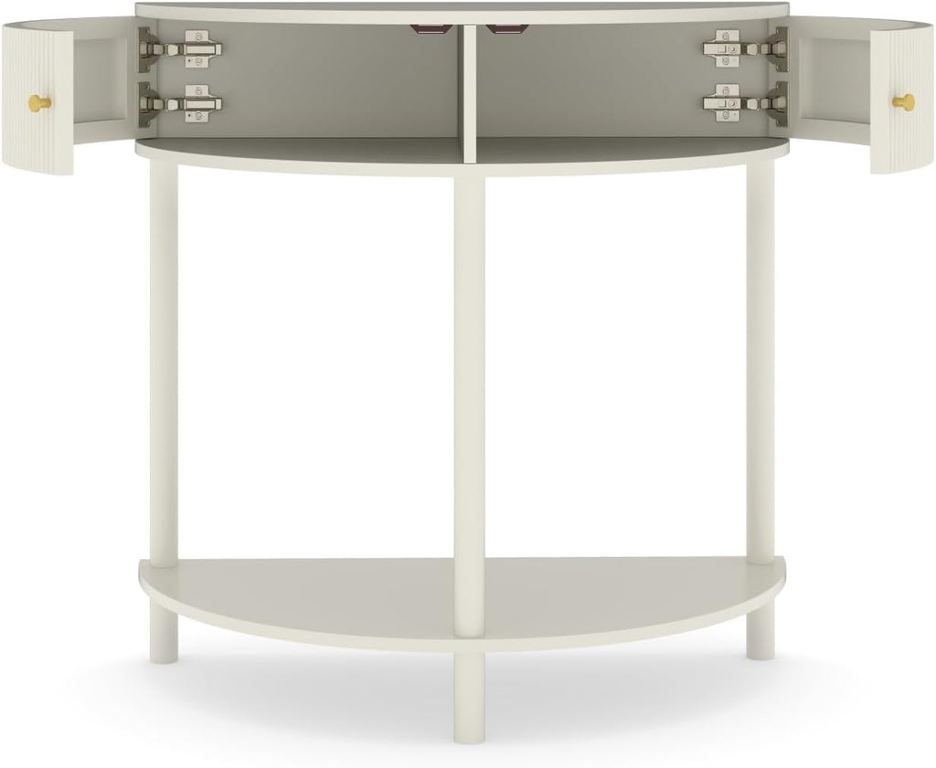 Artisan-Crafted Wave-Pattern Demi-Lune Console Table with Creamy White Finish,Unique Half Moon Design End Table with 2 Storage Drawers and Bottom Shelf for Living Room, Bedroom, Study, Hallway