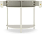 Artisan-Crafted Wave-Pattern Demi-Lune Console Table with Creamy White Finish,Unique Half Moon Design End Table with 2 Storage Drawers and Bottom Shelf for Living Room, Bedroom, Study, Hallway