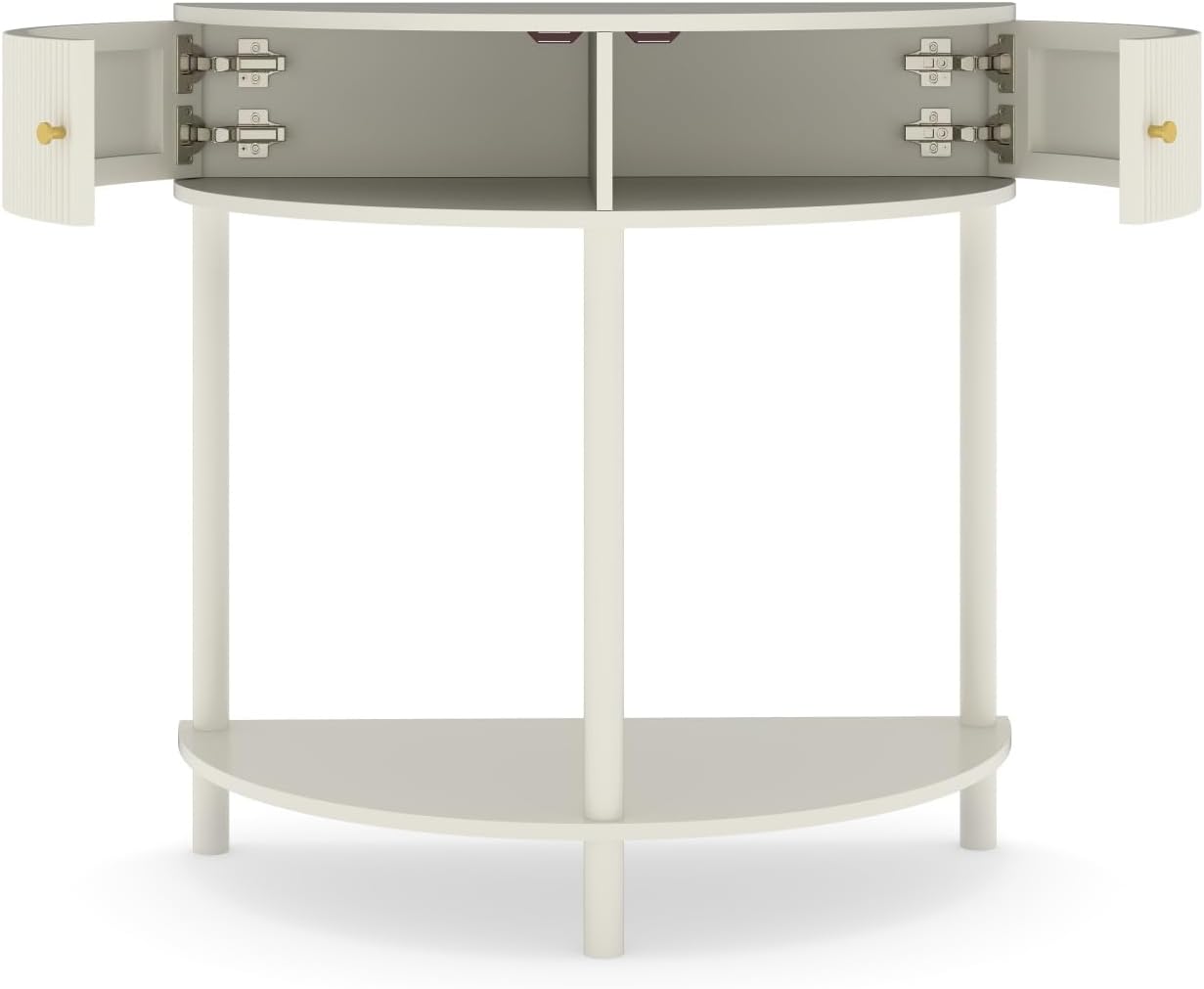 Artisan-Crafted Wave-Pattern Demi-Lune Console Table with Creamy White Finish,Unique Half Moon Design End Table with 2 Storage Drawers and Bottom Shelf for Living Room, Bedroom, Study, Hallway