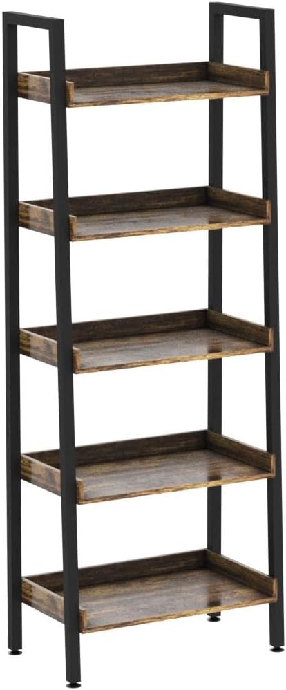 ASTARTH 5-Tier Ladder Shelf, 67" Tall Open Wooden Bookshelf with Metal Frame for Living Room, Rustic Brown