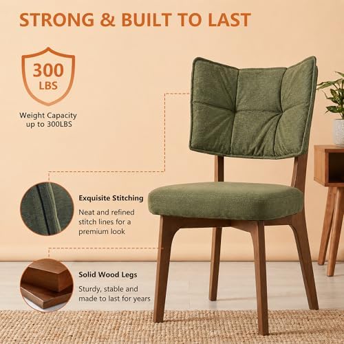 YOUNIKE Wood Frame Green Dining Chair, Chenille Fabric, Single Pack | Modern Ergonomic Upholstered Kitchen & Dining Room Chairs, Double-Layer Backrest, Comfy Soft Cushion, Easy to Assembly