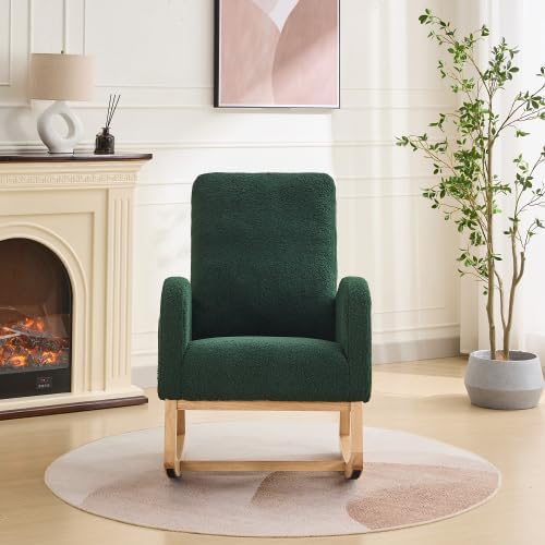 Green Upholstered Sherpa Rocking Chair for Nursery Bedroom, High Backrest Rocker Glider with Side Storage Pocket, Modern Accent Armchair for Living Room, Rubber Wood Legs