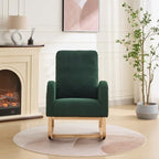Green Sherpa Nursery Rocking Chair, Upholstered Glider with High Back & Side Pocket, Comfy Accent Armchair for Living Room Bedroom Reading Nook, Rubber Wood Legs