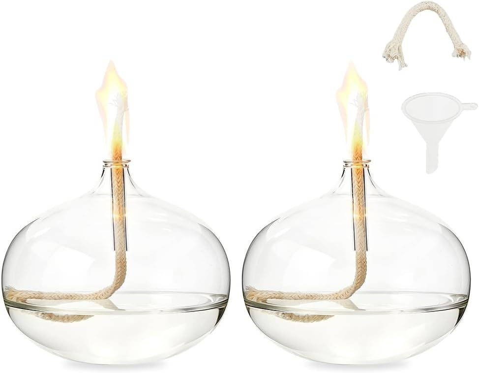 SUPERFINDINGS 2 Sets Clear Glass Oil Lamp Round Refillable Liquid Petite Oil lamp 11.5 x 10.2 cm Burning with Wick and Holder Included for Indoor Lighting and Outdoor Events