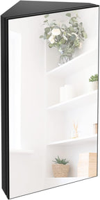 eclife 24" Bathroom Corner Medicine Cabinet W/Mirror, Single Door Bathroom Black Wall Mount Mirror Cabinet, Hanging Triple Shelf Storage Cabinet Opens Left to Right