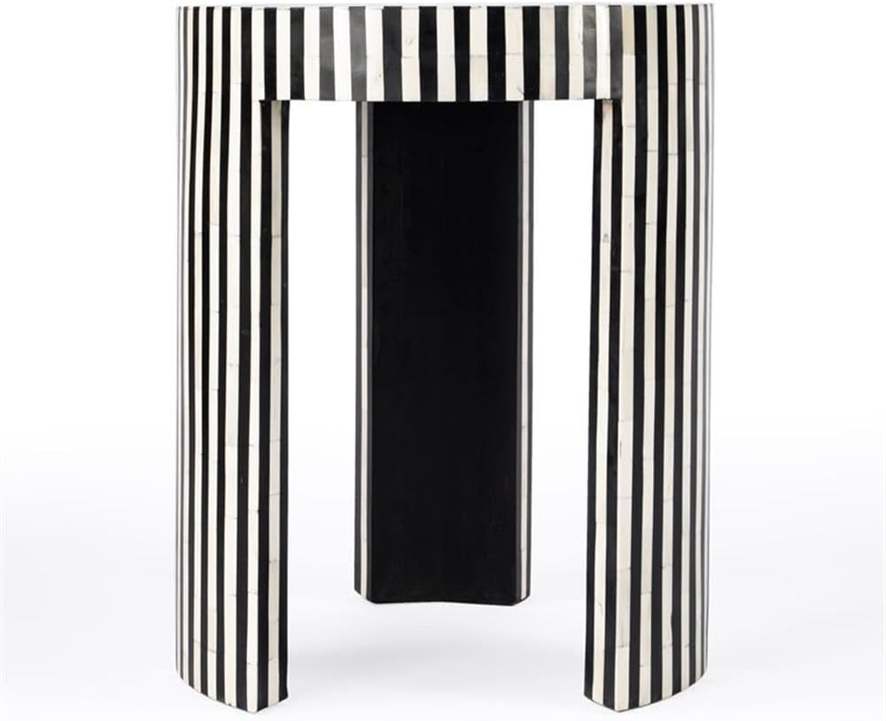 Beaumont Lane Transitional Round Bone Inlay Side Table, Black and White Finish, 18" W x 18" D x 22" H, Engineered Wood Construction, Handcrafted Accent Table for Living Room Decor