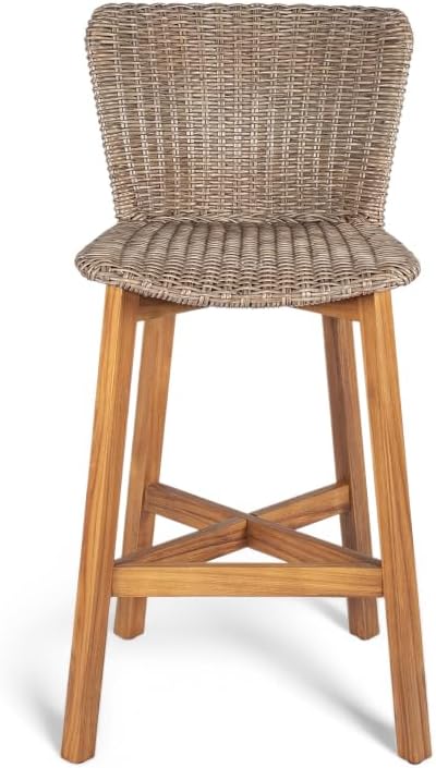Saiveina Lymington Outdoor Bar Stool, Teak Finished Wood with Light Brown Wicker, Set of 2
