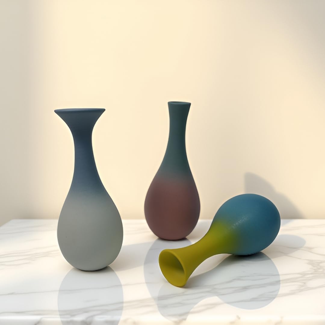 Handmade Ceramic Bud Vases Set of 3, Gradient Ombre Colors, Matte Frosted Finish, Teardrop Shape with Narrow Necks, Modern Minimalist Decor