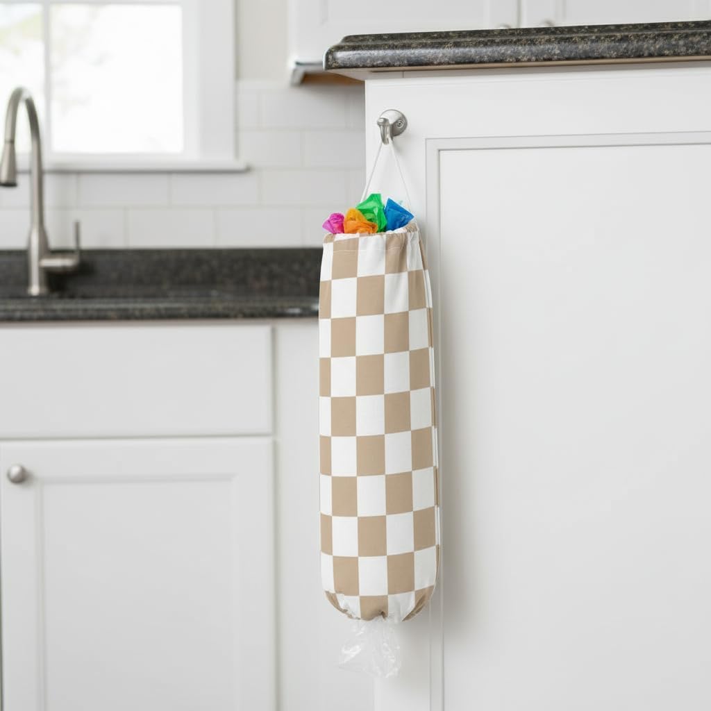 Plastic Bag Holder, Wall Mount Plastic Bag Organizer Dispenser Reusable Grocery Bag Organizer for Home Kitchen(Brown Checkered)