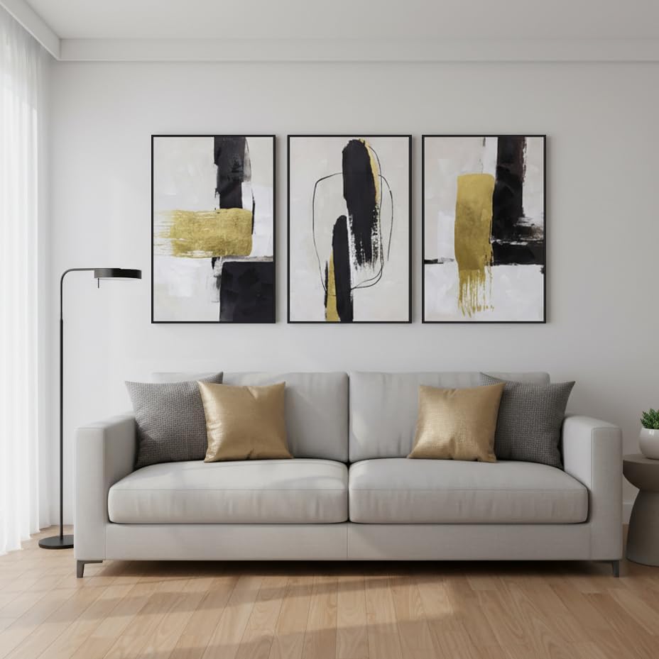 Abstract Neutral Textured Framed Canvas Wall Art Set of 3, Minimalist Wall Decor Modern Art Prints, Black Gold Wall Painting Artwork for Living Room,Bedroom,Dining Room,Office, 16"x24"