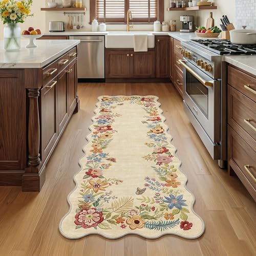 FMFUNCTEX 2x6 Runner Rug Floral Washable Beige Neutral Vintage Flower Botanical Cottage Boho Non Slip Low Pile Indoor Carpet Scalloped Hallway Entryway Rugs for Kitchen Bedroom Laundry Entry Bedside