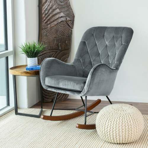 Rocking Chair, Mid Century Modern Upholstered Accent Glider with Plush Cushion for Nursery Living, Dark Grey
