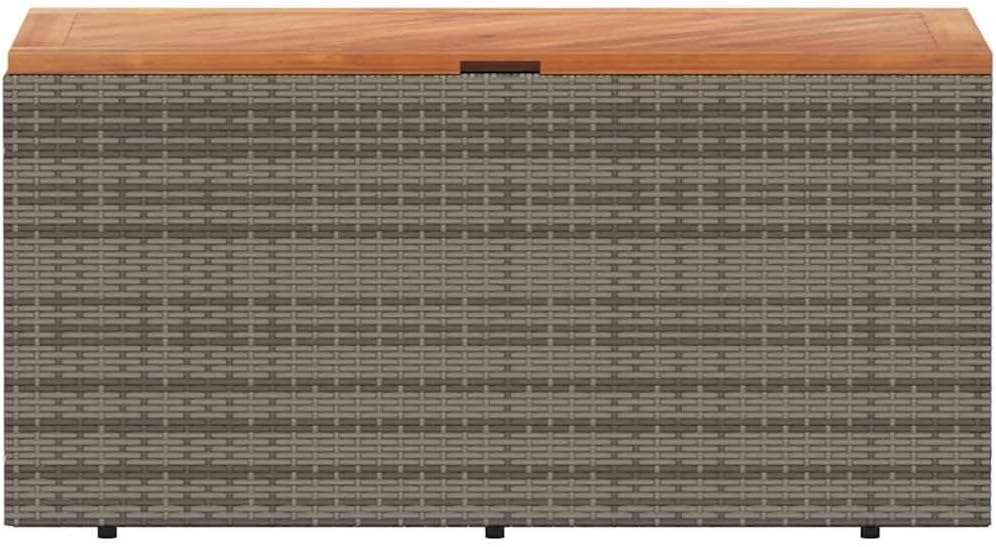 Outdoor Storage Bench with Acacia Wood Top, 43.3x19.7x21.3 Inch Poly Rattan Storage Box for Patio, Gray Garden Box with Water-Resistant Bag and Gas Spring Lid