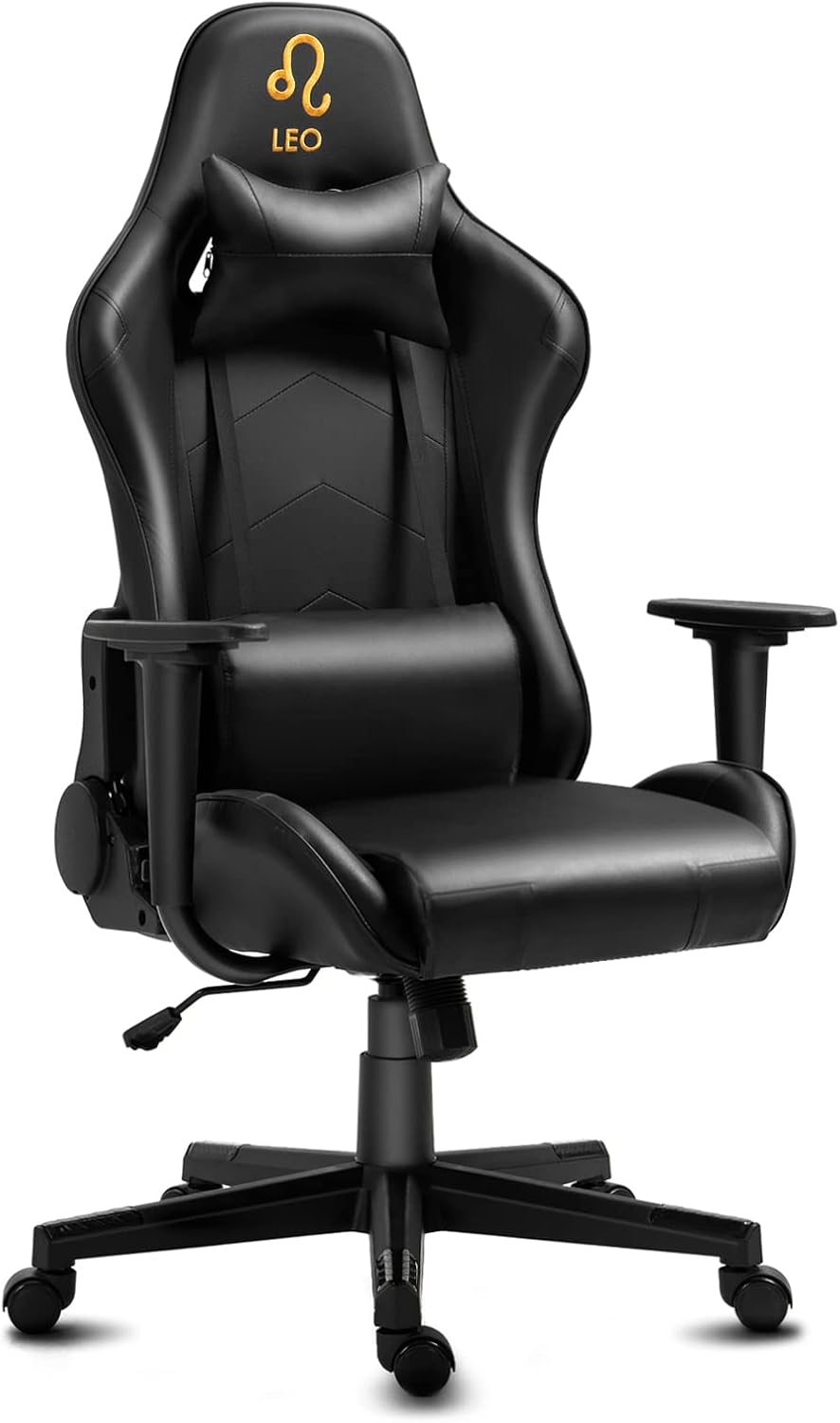 Modern-Depo Leo Gaming Chair with Zodiac Star Sign, Ergonomic Design, Adjustable Swivel, and Lumbar Support, Black