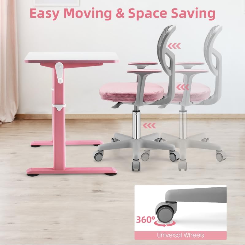 POWERSTONE Kids Desk Chair, Adjustable Mesh Computer Chair with Armrest, Soft Cushion and Mid Back Swivel Office Chair for Teens Students (Pink)