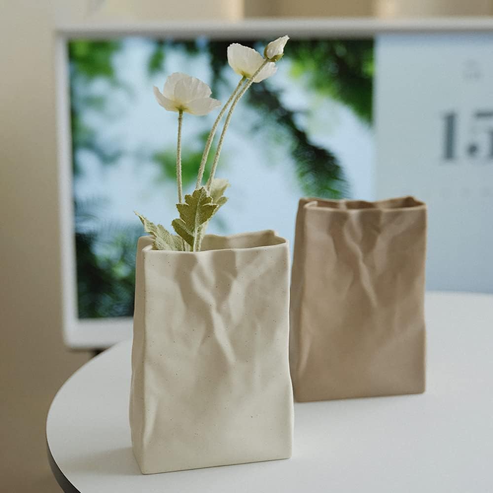 WENSHUO Crinkle Paper Bag Ceramic Vase, Modern Aesthetic Flower Vase for Home Decor, Unique Matte Ceramic Paperbag Vase for Flower Arrangement, Bookshelf Desk Decorative Ornament, Quirky Gift