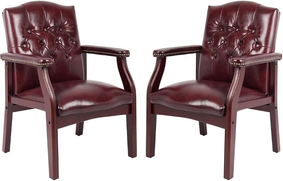 Ivy League Set of 2 Executive Guest Chair in Burgundy Vinyl Wood Frame Office Visitor Dual Chair with Mahogany Finish Comfortable Reception Seating for Office or Waiting Room