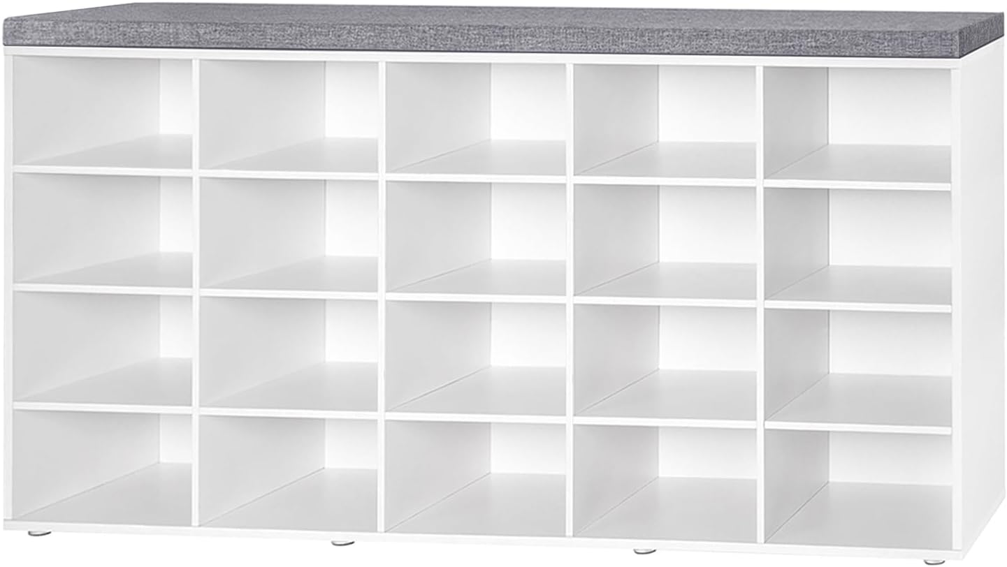 DINZI LVJ Shoe Storage Bench, 20-Cubby Shoe Rack Bench with Cushion, Fully Adjustable Shelves, Shoe Organizer for Closet, Entryway, Mudroom, Hallway and Garage, White