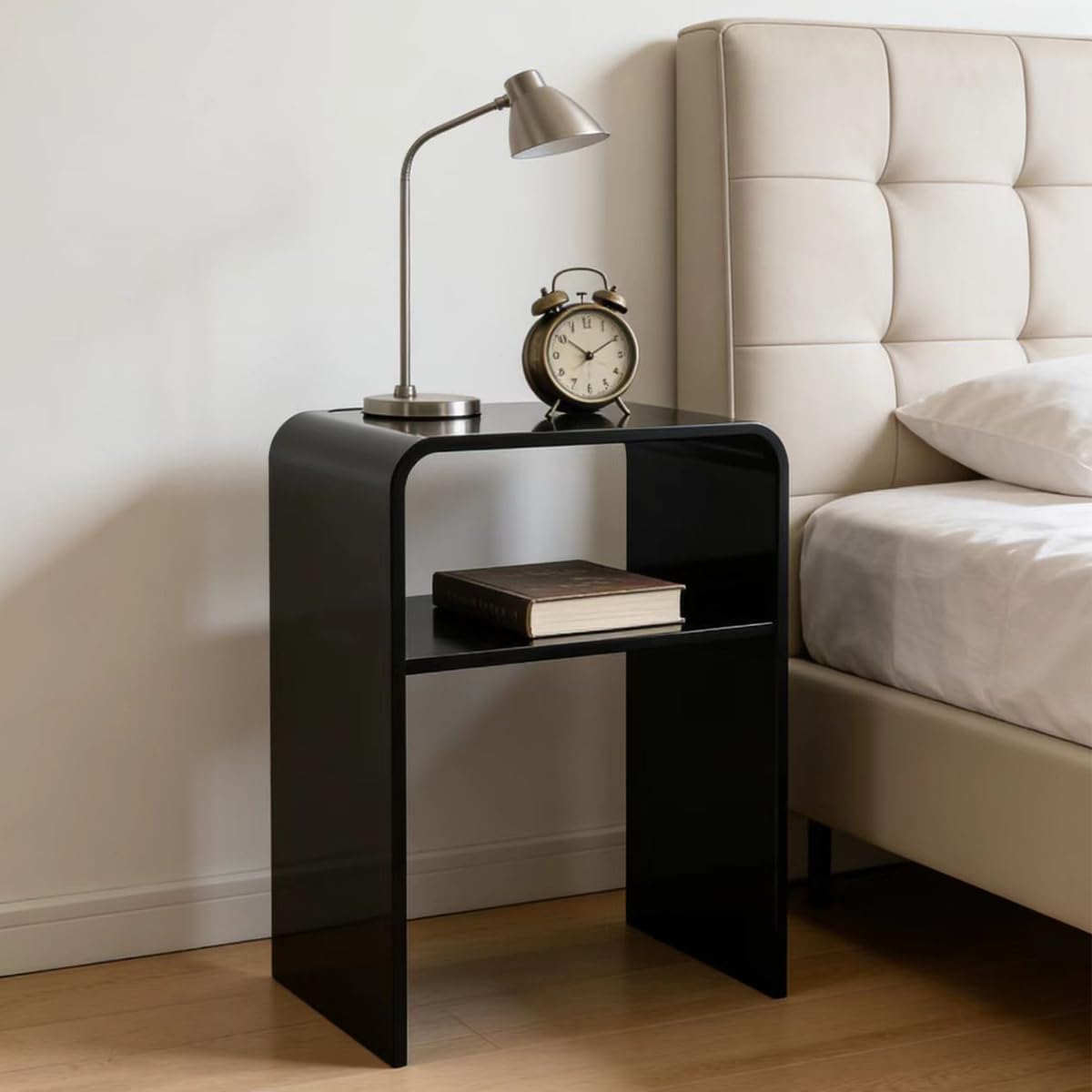Acrylic 2-Tier End Table – 23.6”H Modern Nightstand with Shelf, Sturdy Bedside Storage for Bedroom, Living Room, Home Office, No Assembly Required (Black)