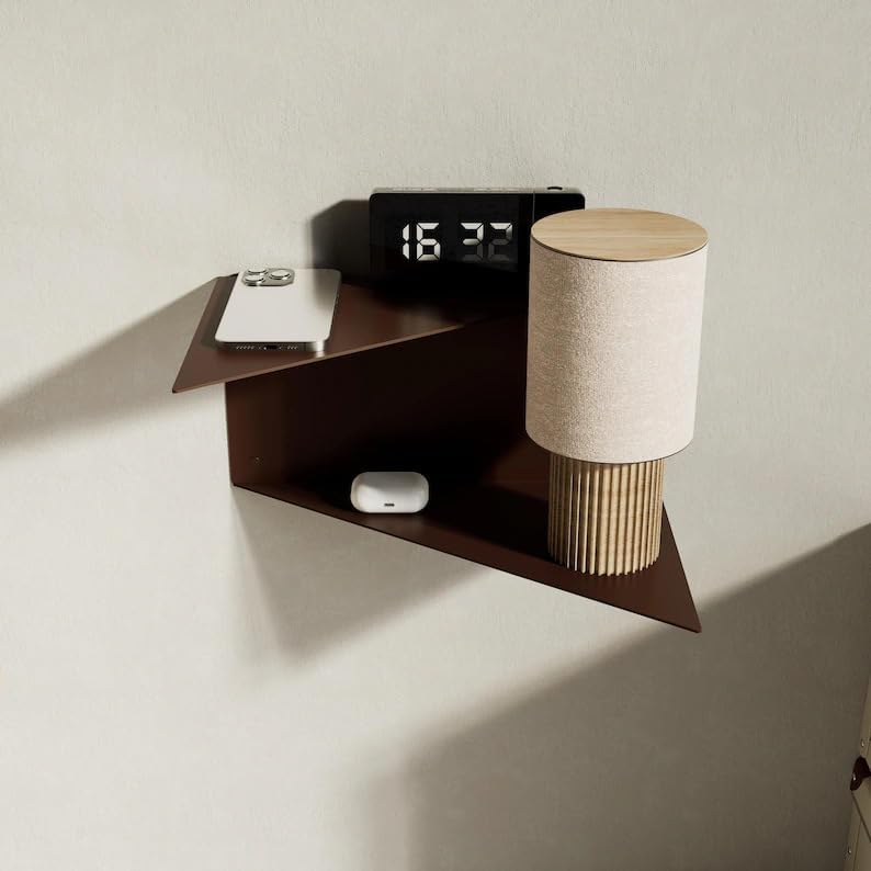 Modern Geometric Triangle Floating Shelf, Wall Mounted Sage Green Metal & Wood Storage Shelf for Bedroom Living Room, Small Items, Phone, Clock, Speaker