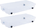 Rubbermaid 68 Quart Under the Bed Low Profile Storage Boxes with Dual Hinged Lids and Easy Rolling Caster Wheels, Clear, 2 Pack