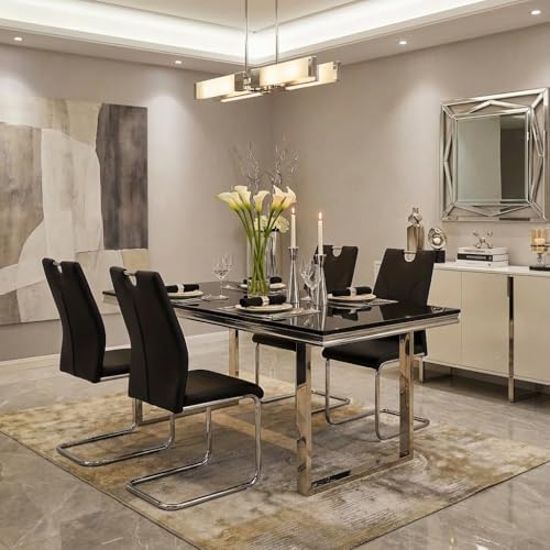 FURNITO Modern Dining Chairs Set of 6, Black Dining Chairs with Thick Cushions, Faux Leather Kitchen & Dining Room Chairs with Backrest and Sliver Metal Legs for Dining Living Room, Easy to Assemble