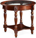 Traditional Solid Wood Oval End Table with Tempered Glass Top. Side Table for Living Room,Bedroom