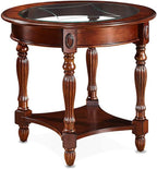 Traditional Solid Wood Oval End Table with Tempered Glass Top. Side Table for Living Room,Bedroom