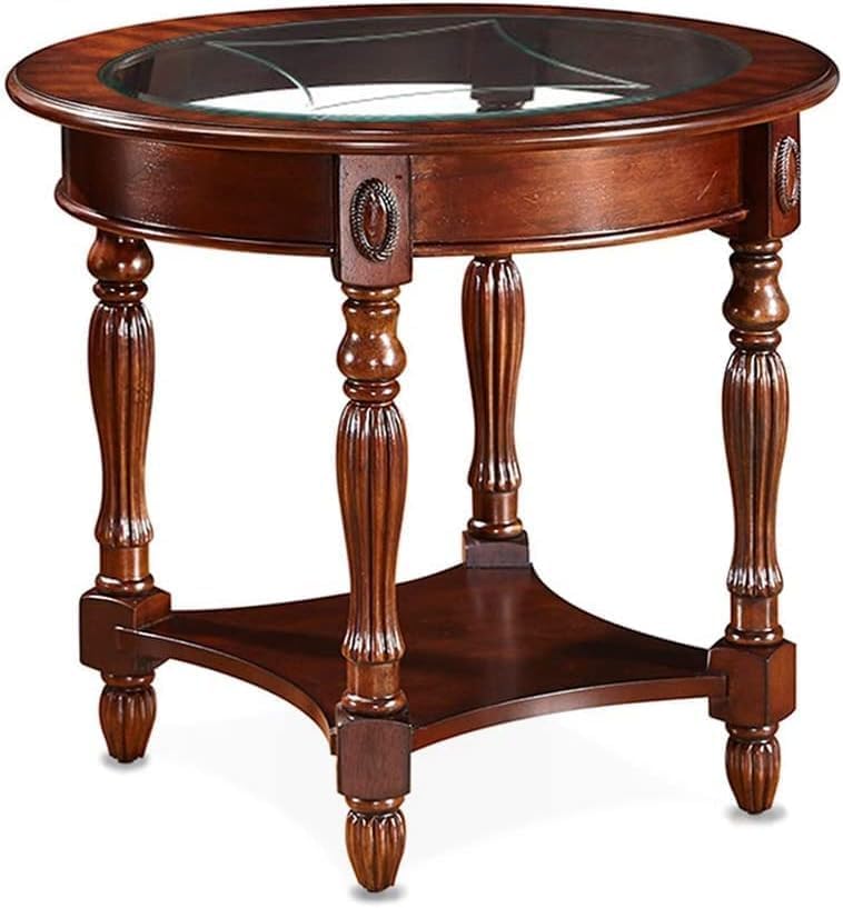 Traditional Solid Wood Oval End Table with Tempered Glass Top. Side Table for Living Room,Bedroom