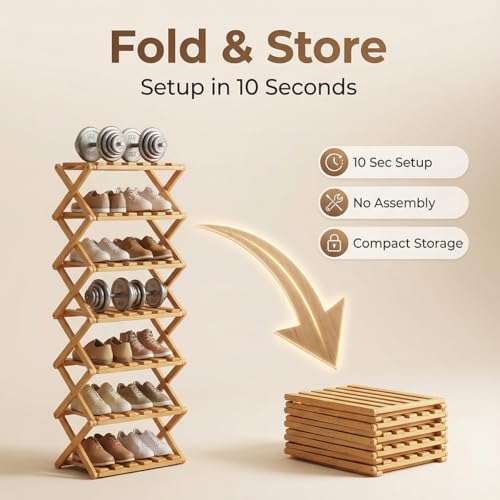 The 9-Tier No-Assembly Bamboo Rack, 3-9 Tiers Bamboo Shoe Rack, Foldable Bamboo Vertical Shoe Organizer, Multifunctional & Space-Saving, For Entryway, Closet, Corner, Bedroom, Hallway (Walnut, 9Tiers)